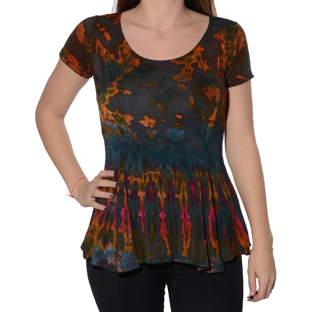 Kunst Und Magie Kunst und Magie Damen Buntes Tie Dye Batik T-Shirt mit Volant Nur für heute