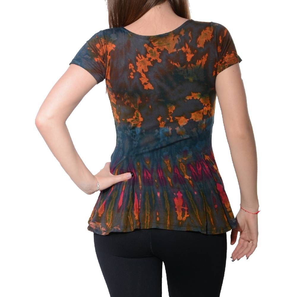 Kunst Und Magie Kunst und Magie Damen Buntes Tie Dye Batik T-Shirt mit Volant Nur für heute