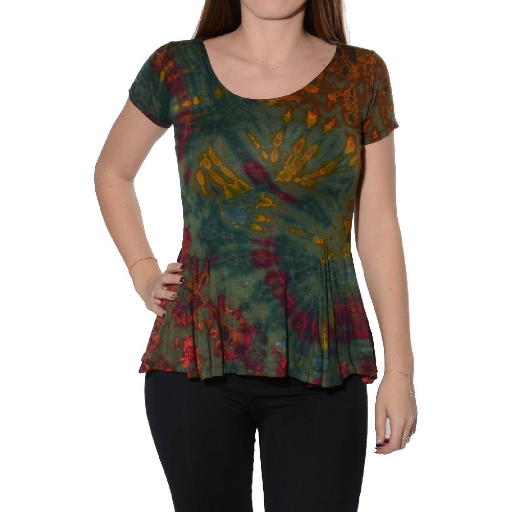 Kunst Und Magie Kunst und Magie Damen Buntes Tie Dye Batik T-Shirt mit Volant Nur für heute