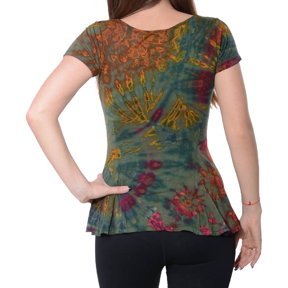 Kunst Und Magie Kunst und Magie Damen Buntes Tie Dye Batik T-Shirt mit Volant Nur für heute