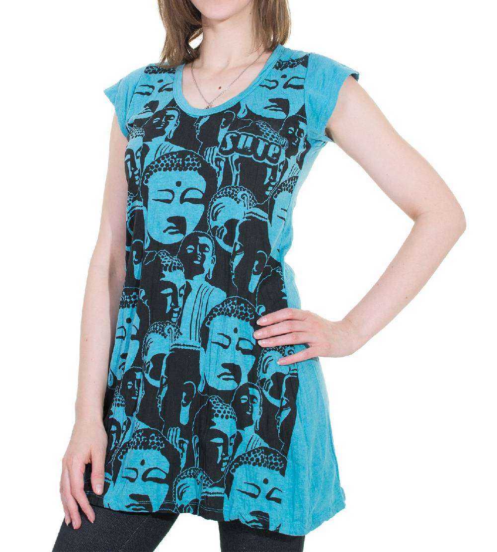 Kunst Und Magie 70er Retro Longshirt Minikleid Sure Psy Goa T-Shirt mit Buddha Köpfen Nur noch ein Tag übrig
