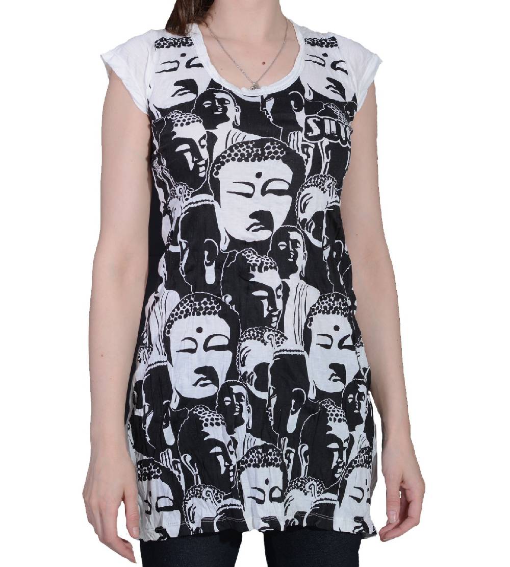 Kunst Und Magie 70er Retro Longshirt Minikleid Sure Psy Goa T-Shirt mit Buddha Köpfen Nur noch ein Tag übrig