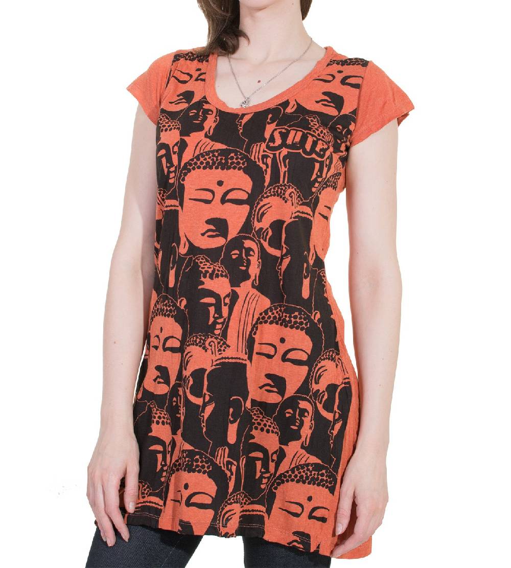 Kunst Und Magie 70er Retro Longshirt Minikleid Sure Psy Goa T-Shirt mit Buddha Köpfen Nur noch ein Tag übrig