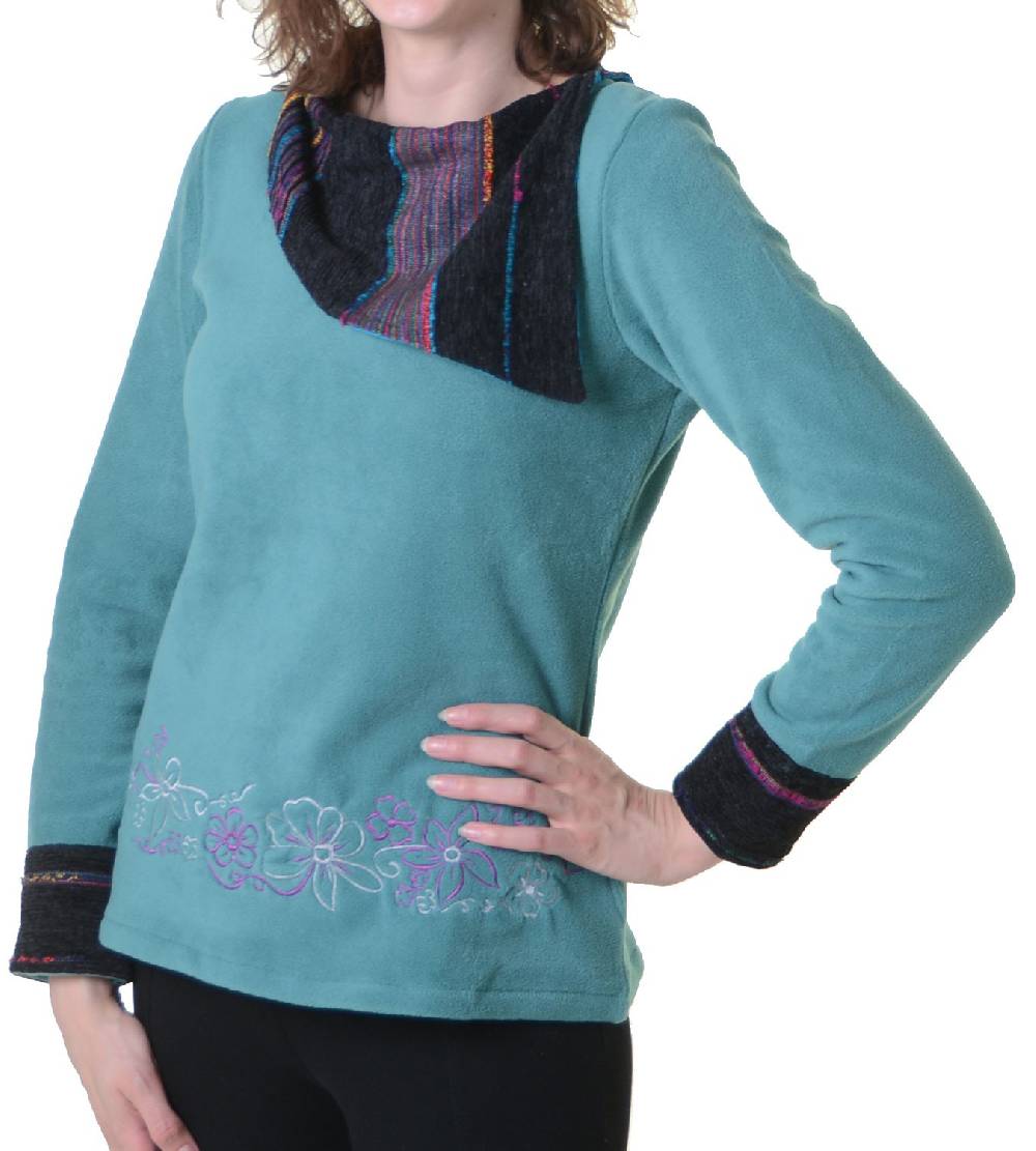 Kunst Und Magie Fleecepullover mit Blumenmustern und auffälligem Baumwoll-Kragen - Damen Oberteil Hippie Goa Boho Überzieher Muttertagsangebot