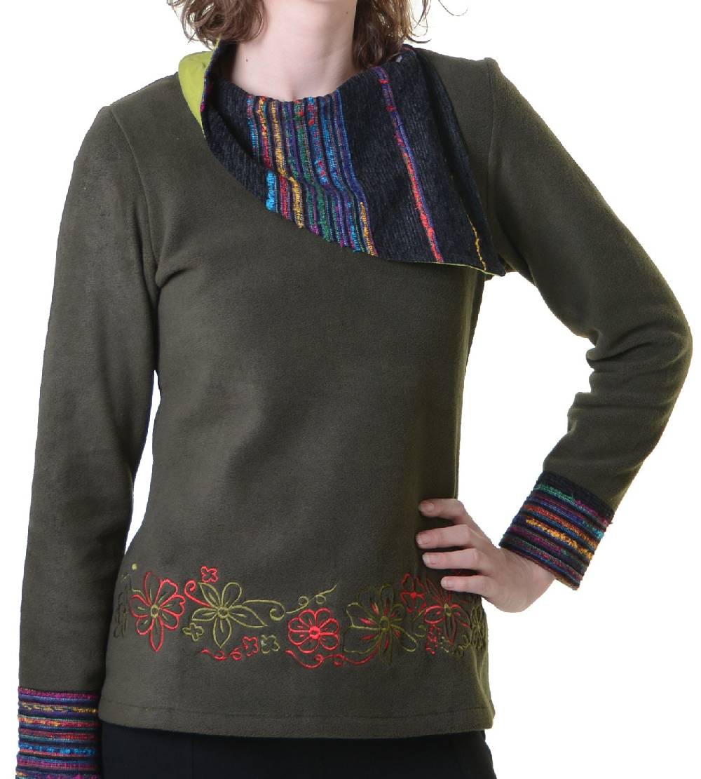 Kunst Und Magie Fleecepullover mit Blumenmustern und auffälligem Baumwoll-Kragen - Damen Oberteil Hippie Goa Boho Überzieher Muttertagsangebot