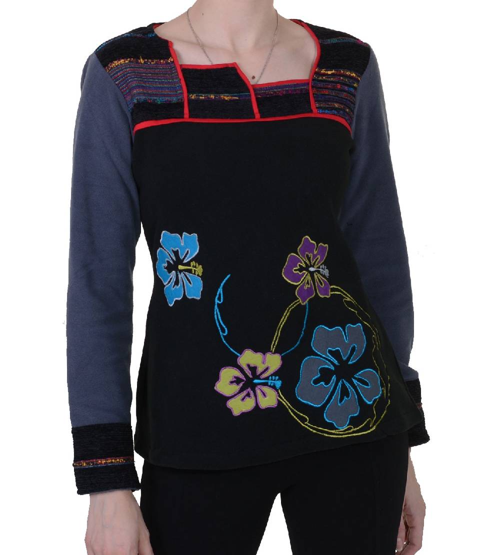 Kunst Und Magie Fleeceoberteil mit wunderschönem Blumenstick für hippe Damen Boho Hippie Goa Psy Vatertagsangebot