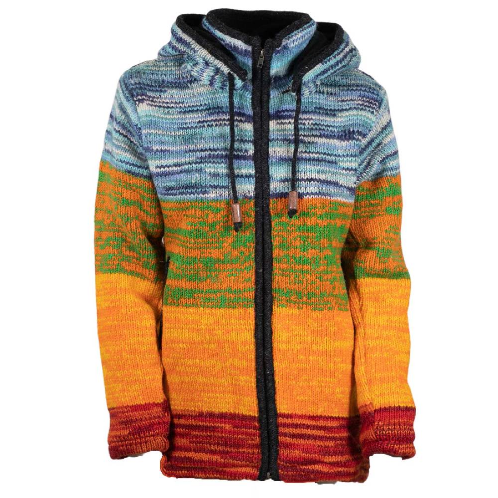 Kunst Und Magie Damen Strickjacke Goa Wolle Jacke mit abnehmbarer Zipfelkapuze Fleecefutter Rainbow Neueste Stile