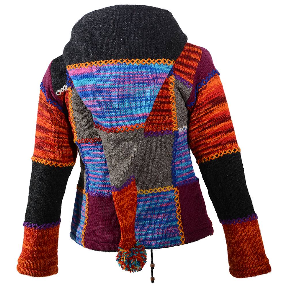 Kunst Und Magie Kunst und Magie Damen Bunte Patchwork Strickjacke mit Zipfelkapuze Letzter Tag