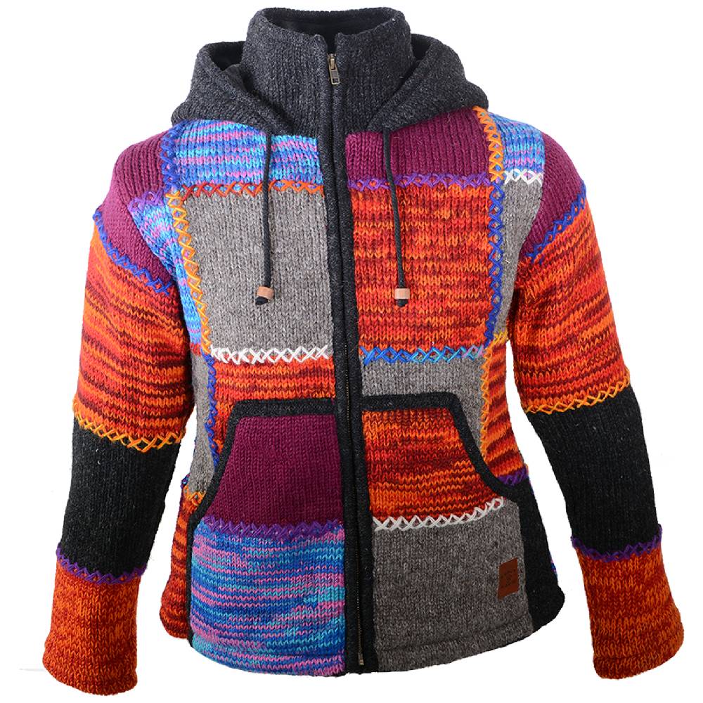 Kunst Und Magie Kunst und Magie Damen Bunte Patchwork Strickjacke mit Zipfelkapuze Letzter Tag