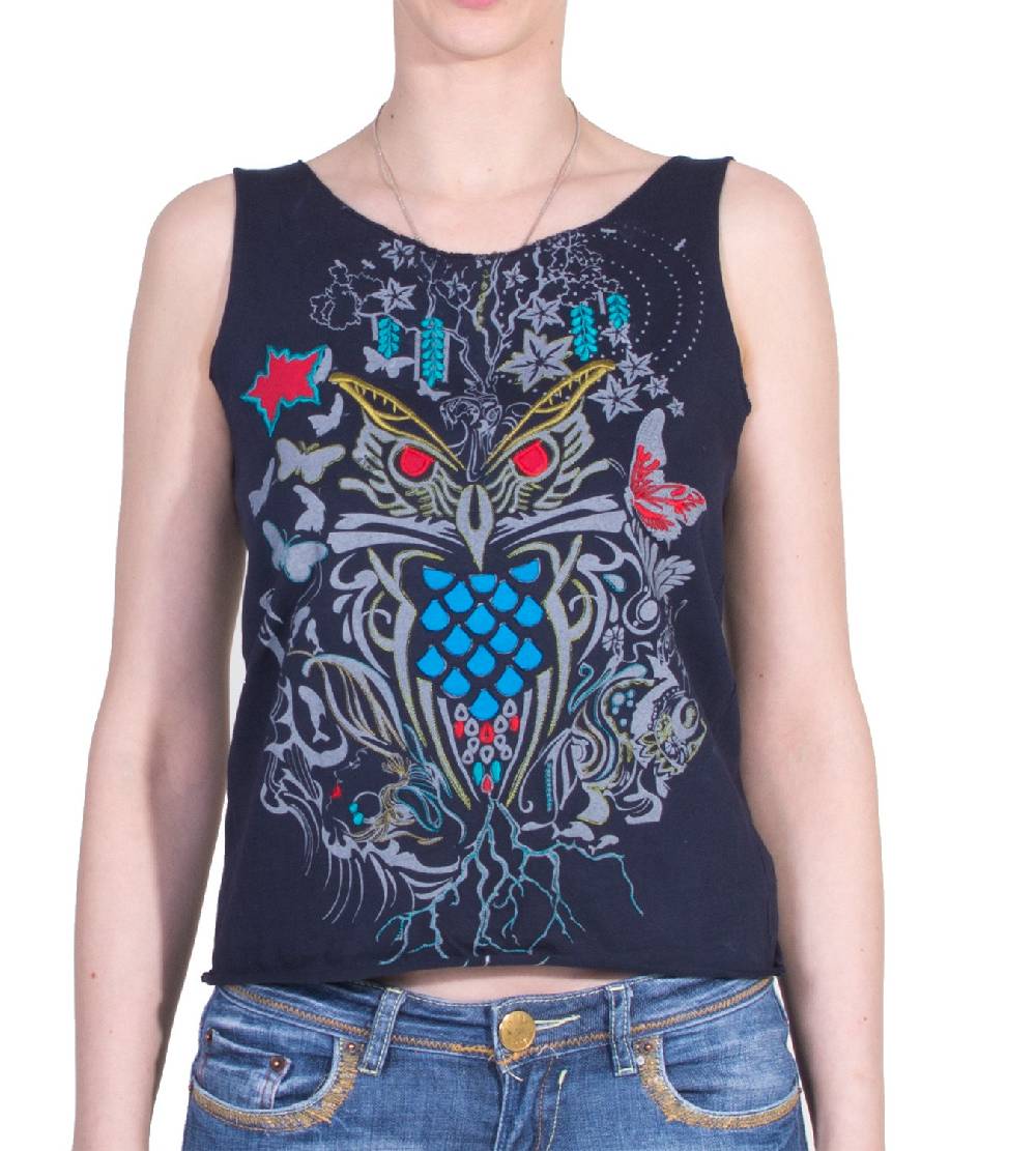 Kunst Und Magie Extravagantes, luftiges Girlie Tank-Top mit Eulenmotiv Sommer Hippie Goa 50% Rabatt mit kostenlosem Versand
