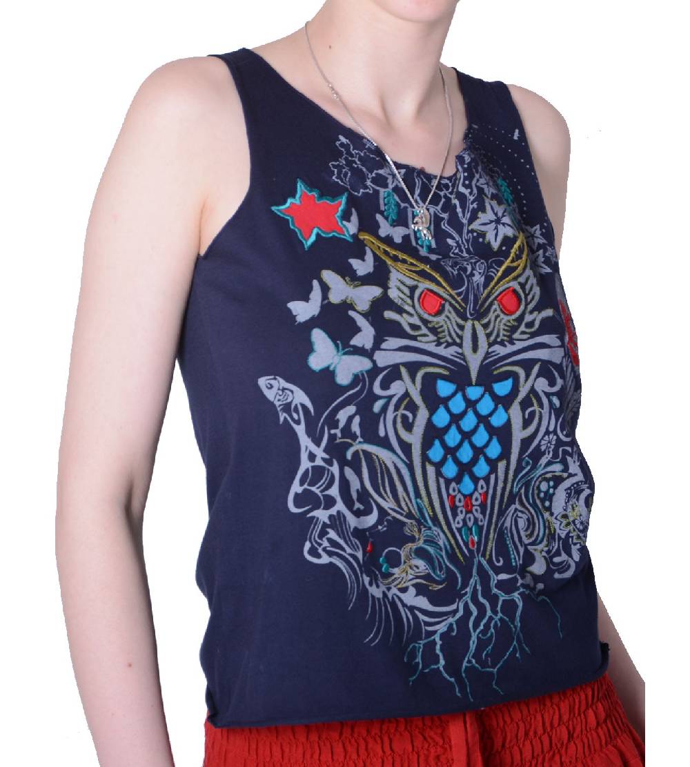 Kunst Und Magie Extravagantes, luftiges Girlie Tank-Top mit Eulenmotiv Sommer Hippie Goa 50% Rabatt mit kostenlosem Versand