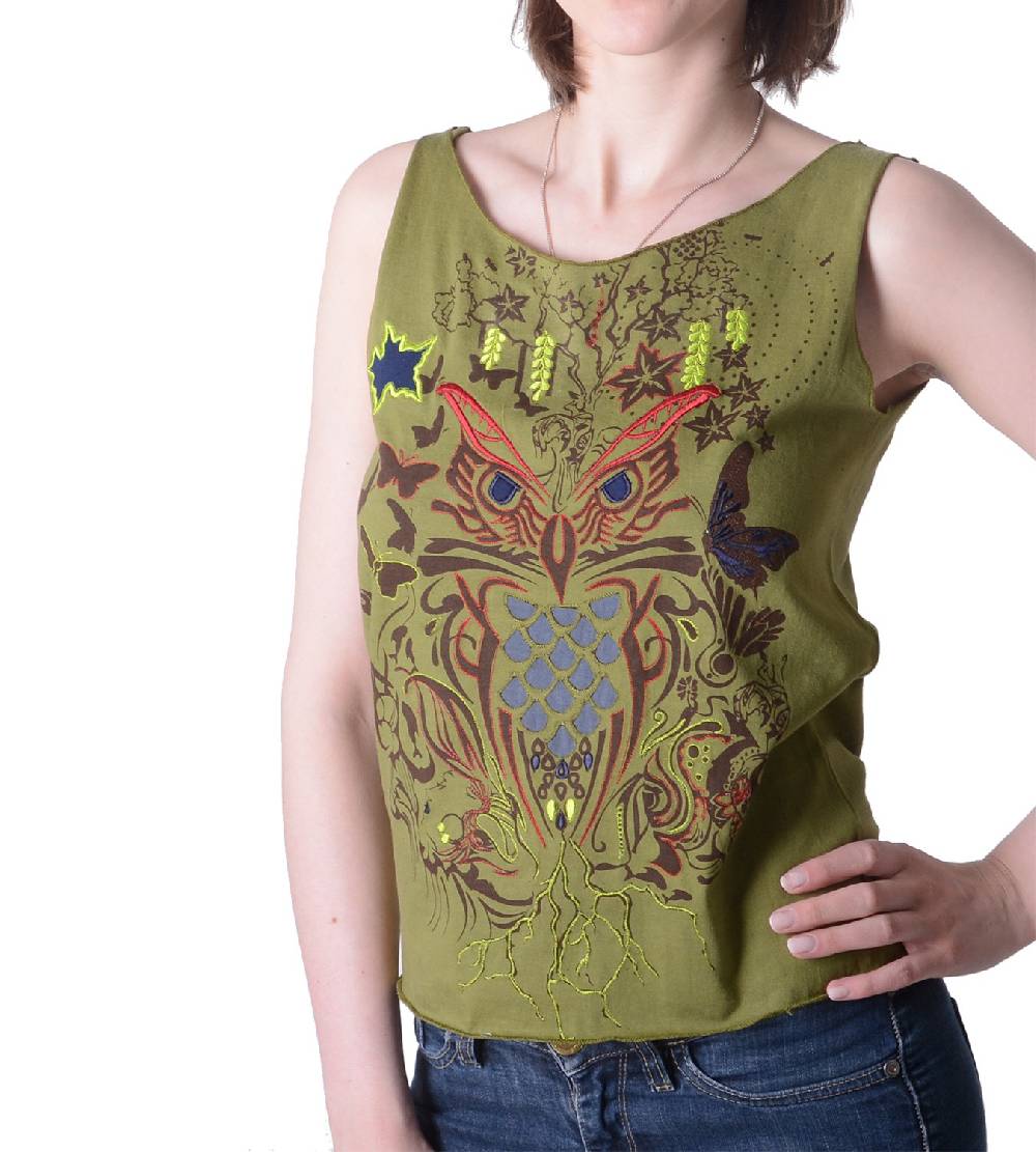 Kunst Und Magie Extravagantes, luftiges Girlie Tank-Top mit Eulenmotiv Sommer Hippie Goa 50% Rabatt mit kostenlosem Versand
