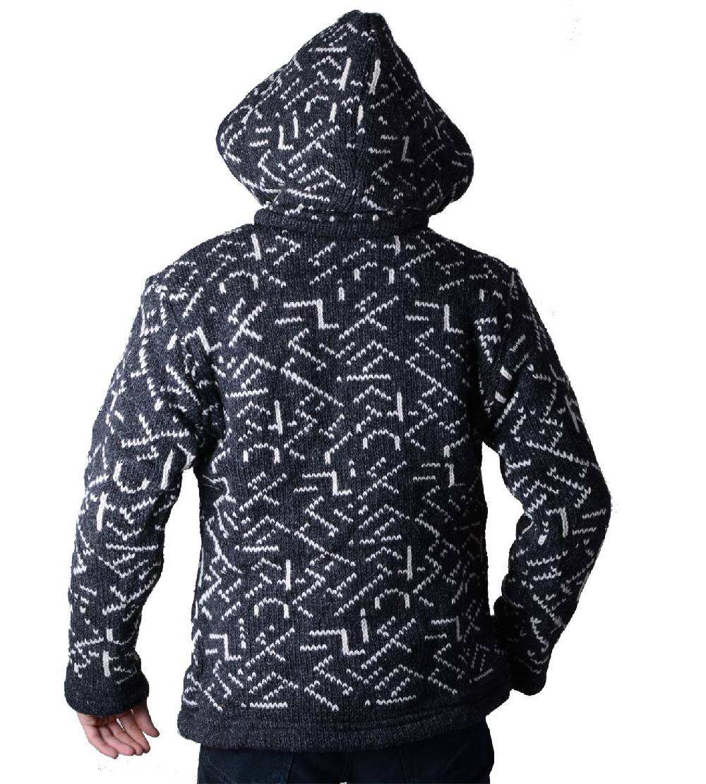 Kunst Und Magie Herren Strickjacke Wolljacke mit Fleecefutter und abnehmbarer Kapuze und Muster Im Verkauf