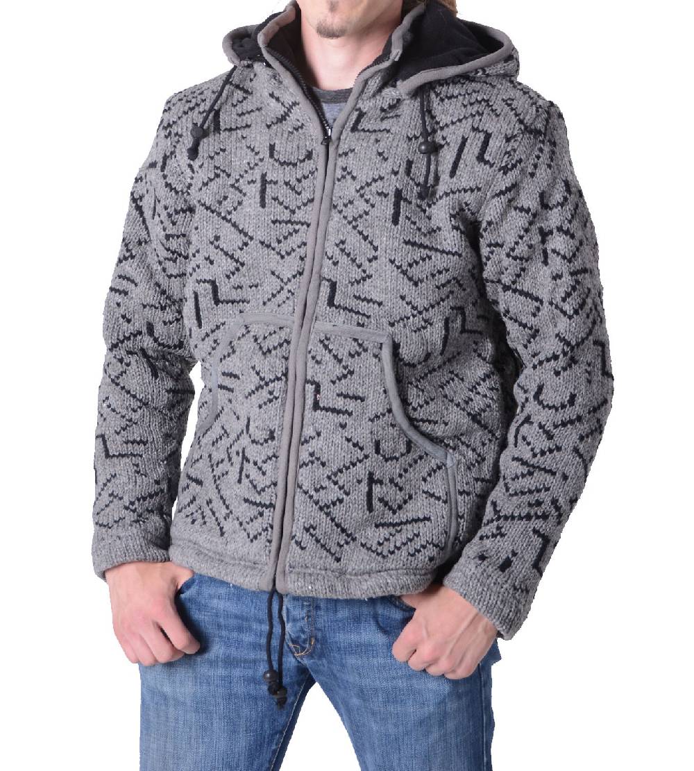 Kunst Und Magie Herren Strickjacke Wolljacke mit Fleecefutter und abnehmbarer Kapuze und Muster Im Verkauf