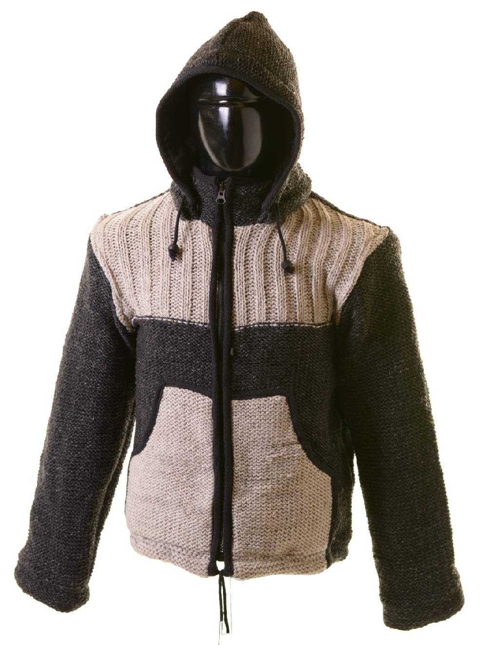 Kunst Und Magie Herren Strickjacke Wolljacke mit Fleecefutter und abnehmbarer Kapuze Grau und Braun Auslauf