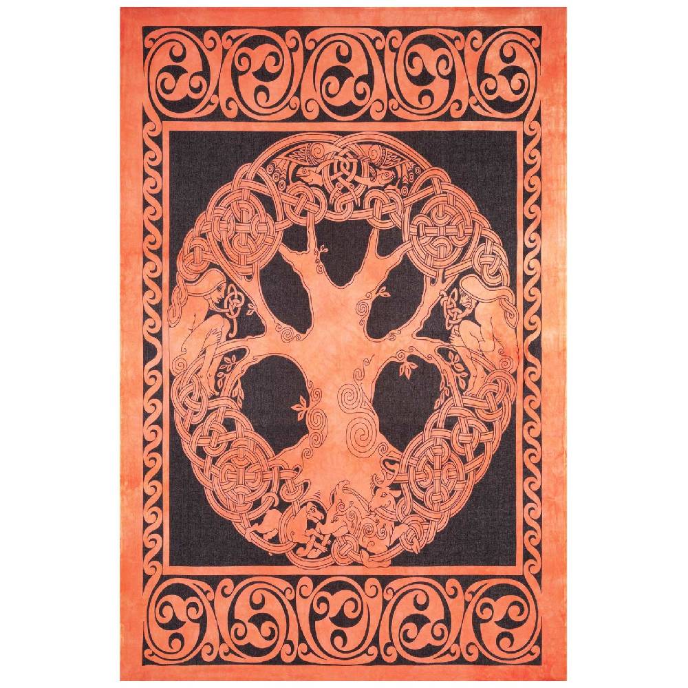 Kunst Und Magie Dekotuch Tagesdecke Wandbehang Celtic Lebensbaum Ygdrasül Tuch Keltisch Orange ca.210x145cm Fabrikpreis