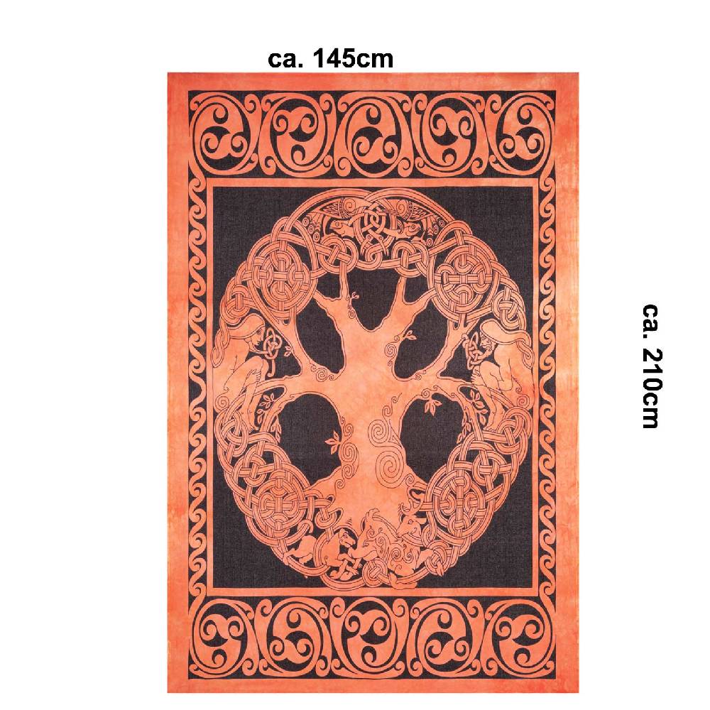 Kunst Und Magie Dekotuch Tagesdecke Wandbehang Celtic Lebensbaum Ygdrasül Tuch Keltisch Orange ca.210x145cm Fabrikpreis