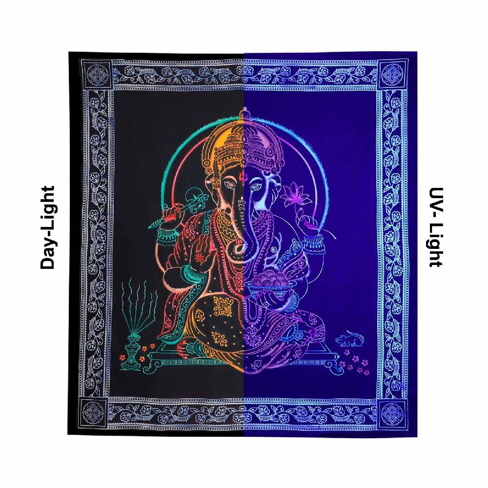 Kunst Und Magie UV Tuch Ganesha Tagesdecke Wandbehang Deko Meditation UV Schwarzlicht ca. 200 x 135 cm Saisonschlussverkauf