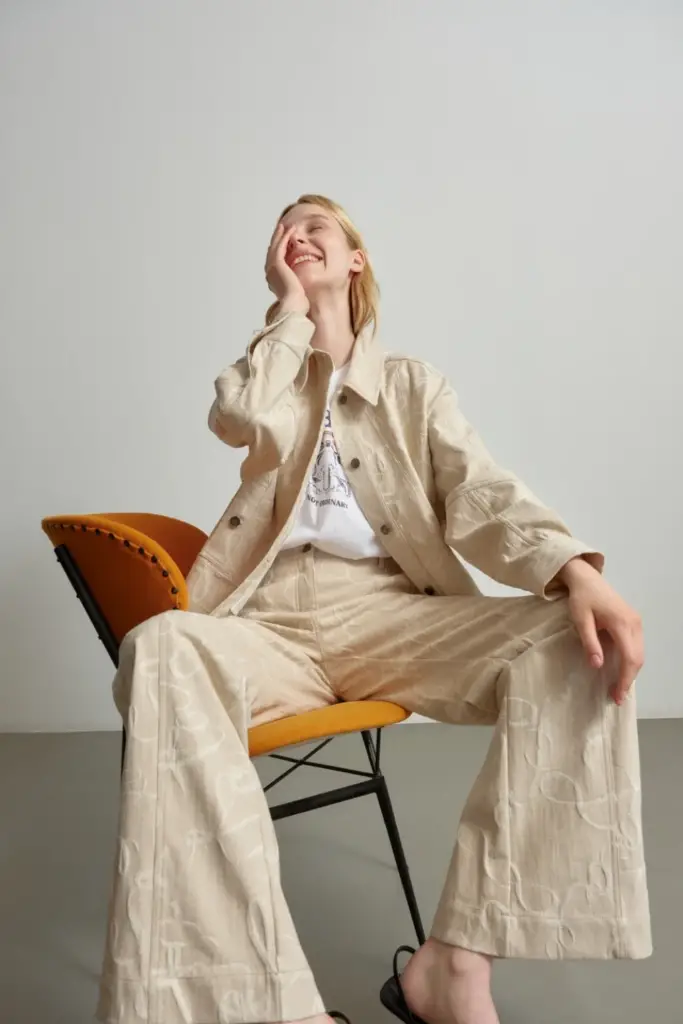 Lala Berlin Pants Pamir cotton mix lalagram jacquard beige Blitzangebot