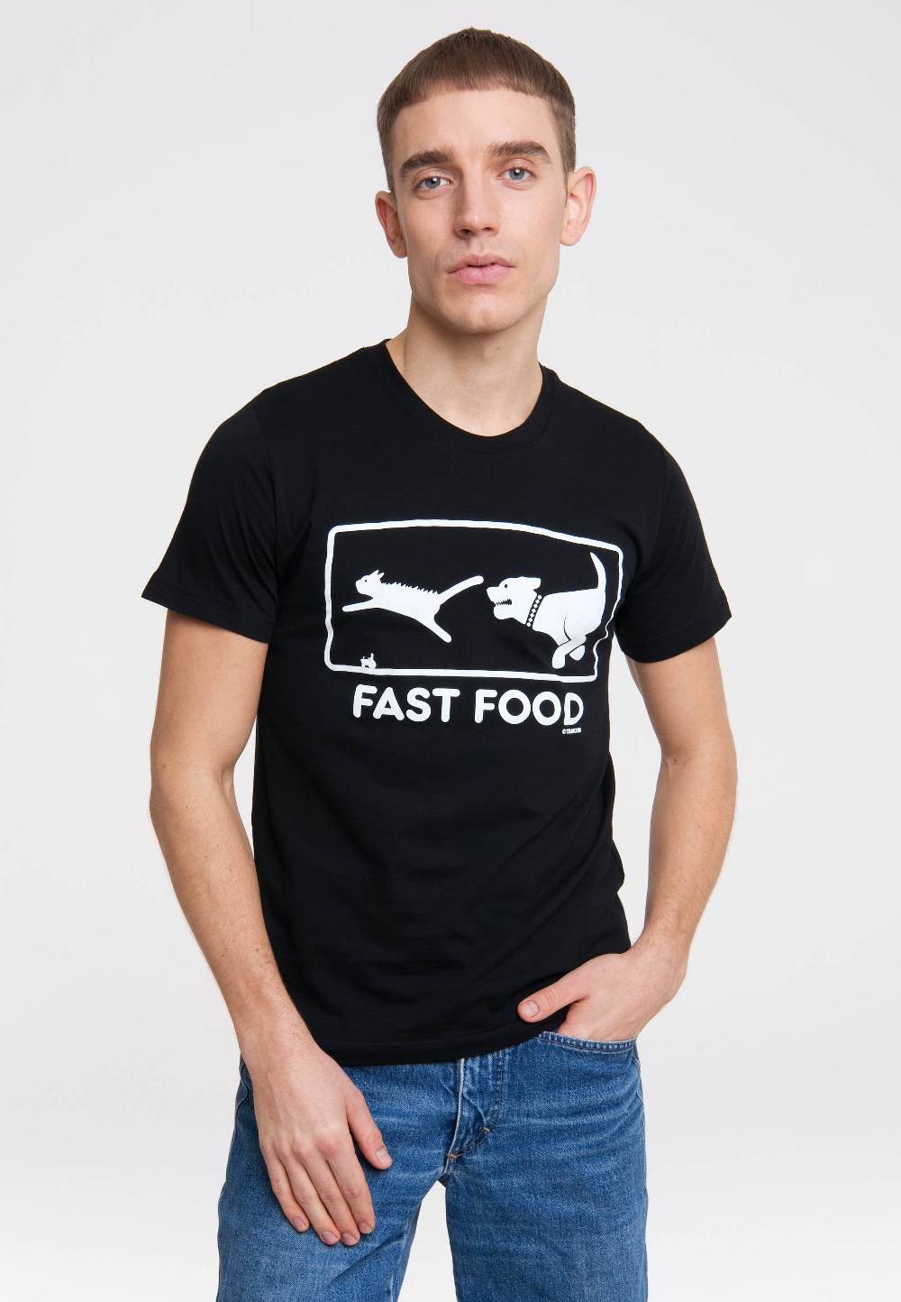 Logoshirt Fast Food - Hund Jagt Katze - T-Shirt Print Cyber Monday