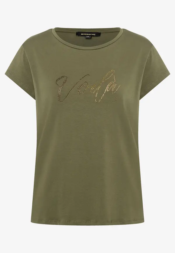 More & More T-Shirt mit Strass-Schriftzug, oliv Auslauf