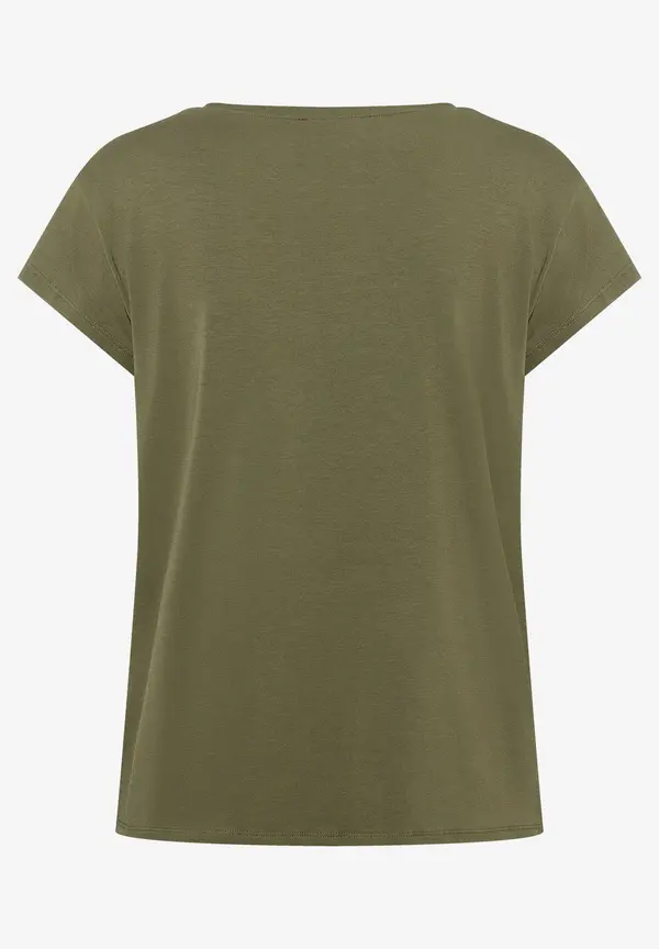 More & More T-Shirt mit Strass-Schriftzug, oliv Auslauf