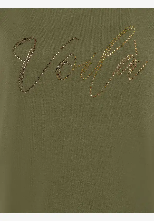 More & More T-Shirt mit Strass-Schriftzug, oliv Auslauf
