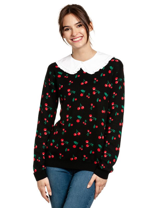 Nastrovje Potsdam Pussy Deluxe Cherries Damen Strickpullover schwarz allover Begrenztes Angebot