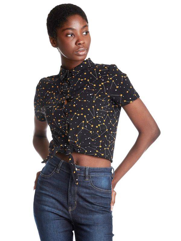 Nastrovje Potsdam Pussy Deluxe Celestial Stars Damen Kurzarmbluse schwarz allover Fabrik Onlineshop