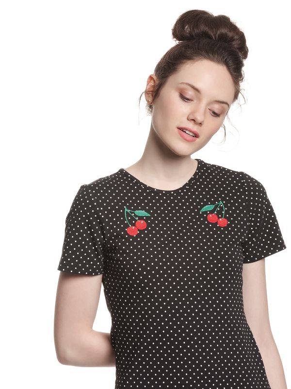 Nastrovje Potsdam Pussy Deluxe Mini Dots Basic Damen T-Shirt schwarz allover Fabrikverkauf