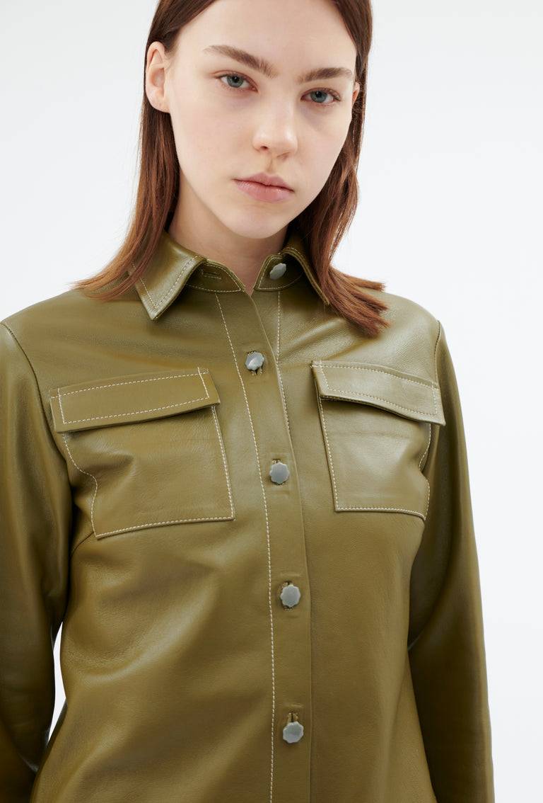 Odeeh Lamb Nappa Wet Look Bluse, Goldolive Sonderangebot der Fabrik