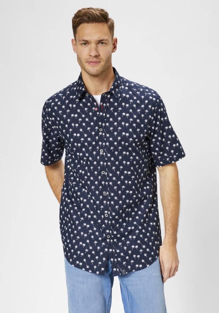 Paddocks Short sleeve shirt with all over palm print normale Passform - dark navy Tägliche Deals