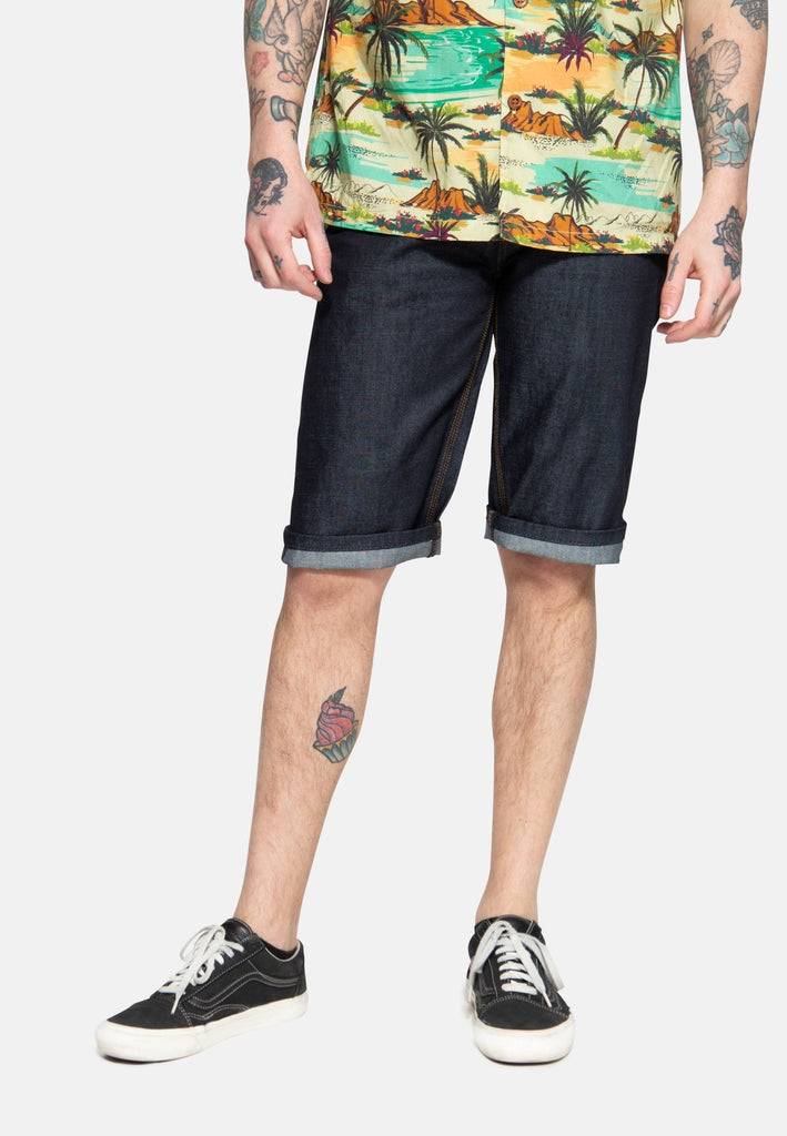 Queen Kerosin Denim Shorts mit Pintstripe Stitching «50s Workwear» Fabrikverkauf