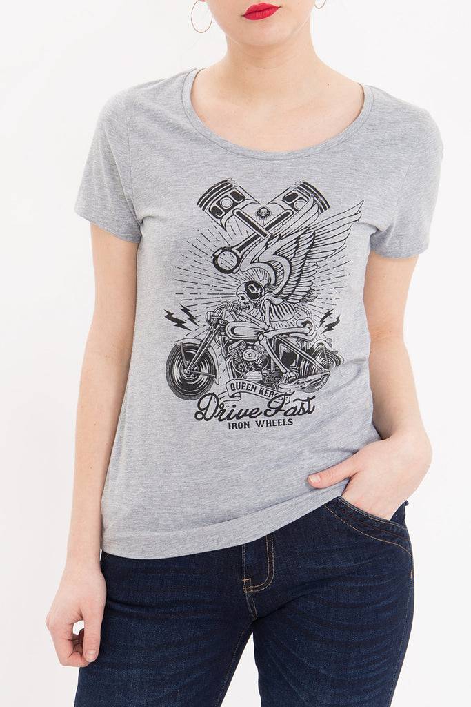 Queen Kerosin Melange Shirt aus Melange Jersey mit Front Motiv «Drive Fast» Vierteljährliche Förderung