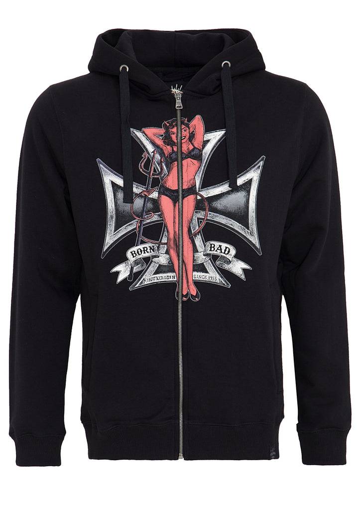 Queen Kerosin Kapuzensweatjacke mit Front Print «Born Bad» 50% Rabatt mit kostenlosem Versand
