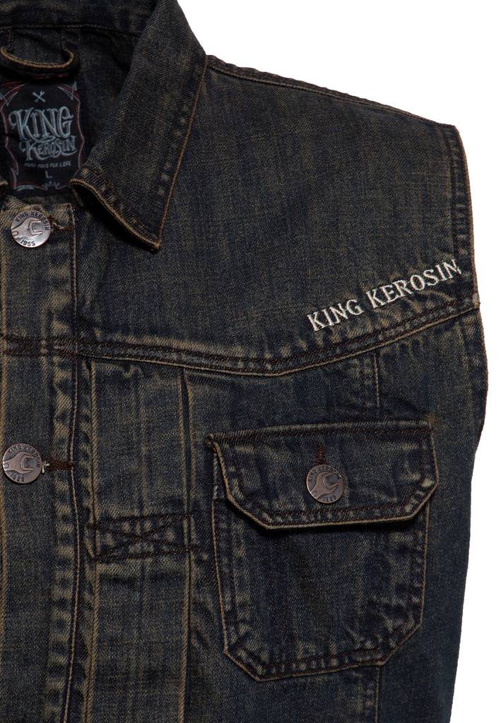 Queen Kerosin Denim Weste Stickerei «Motor State» Günstiger Verkauf