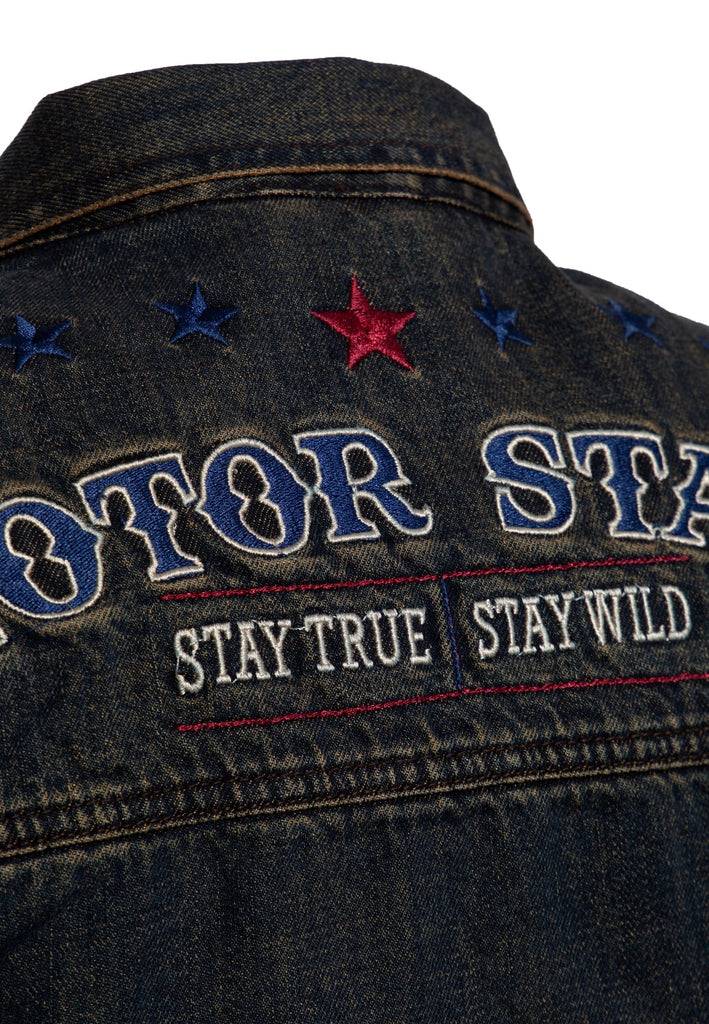 Queen Kerosin Denim Weste Stickerei «Motor State» Günstiger Verkauf