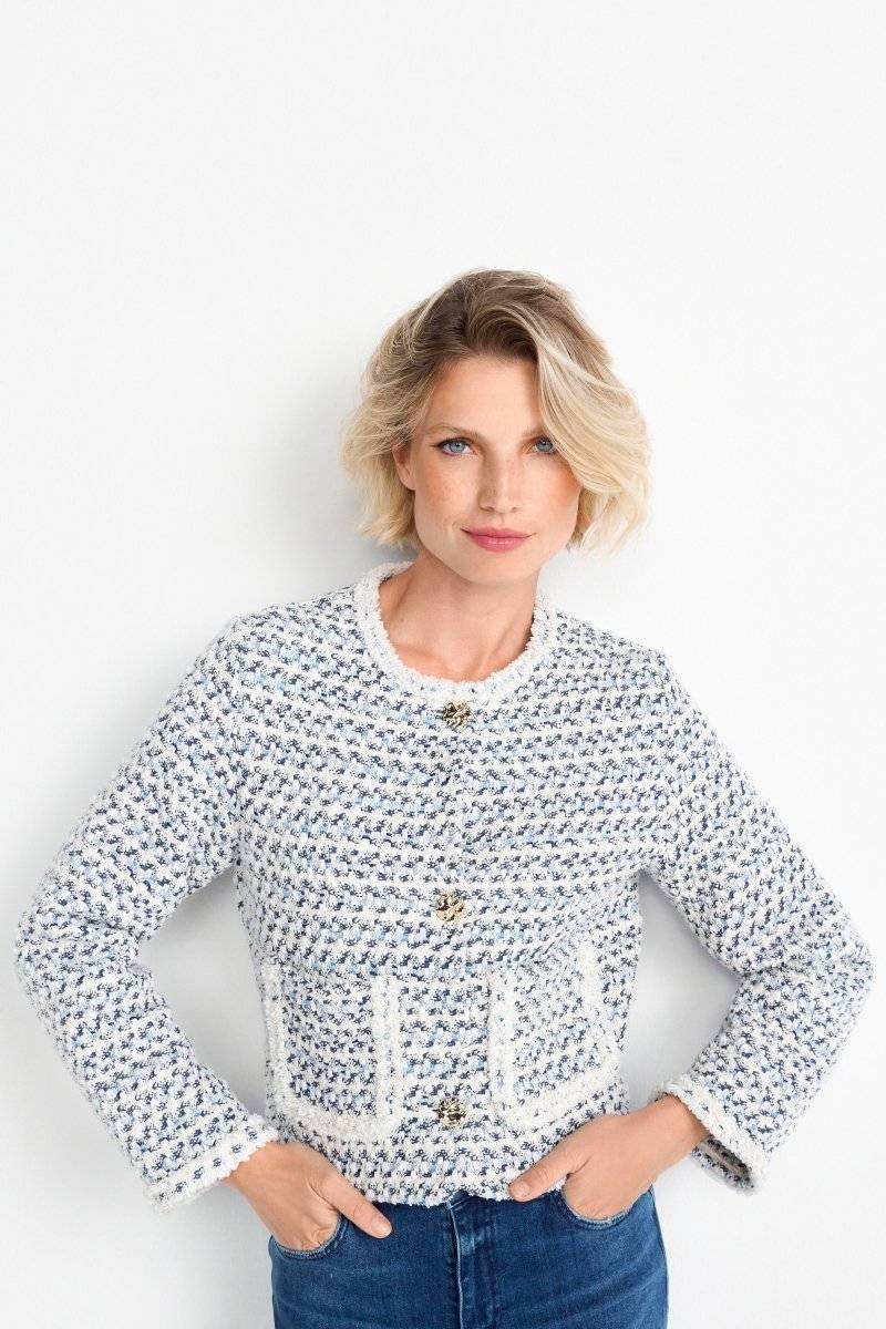 Eich & Royal Kurze Bouclé-Jacke in Blauweiß Fabrikpreis