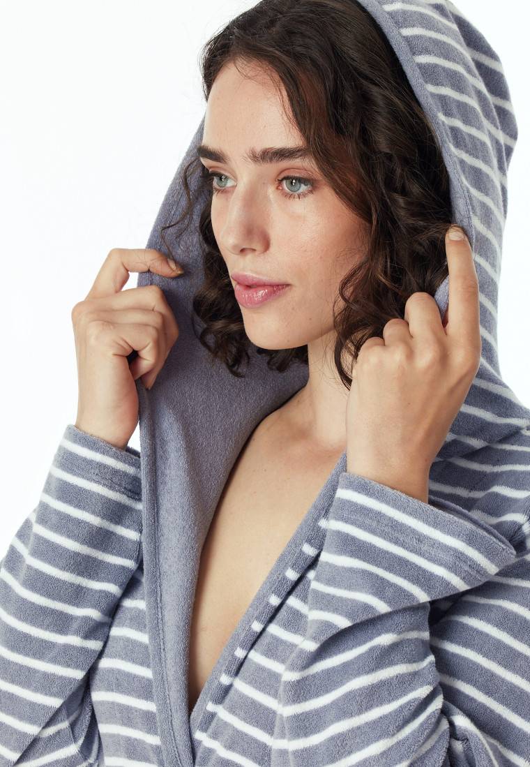 Schiesser Bademantel mit Kapuze Leichtfrottee hellgrau geringelt - Bathrobes Begrenztes Angebot
