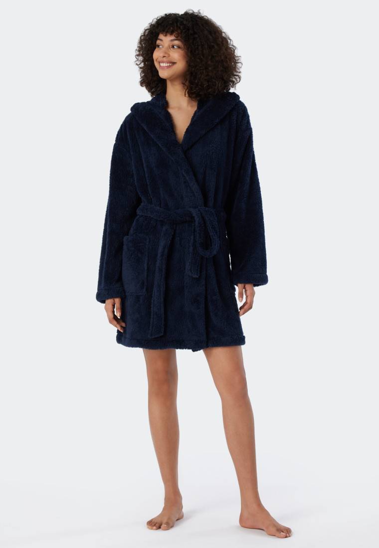 Schiesser Morgenmantel Teddy-Fleece Comfort-Fit dunkelblau - Essentials Preisnachlass