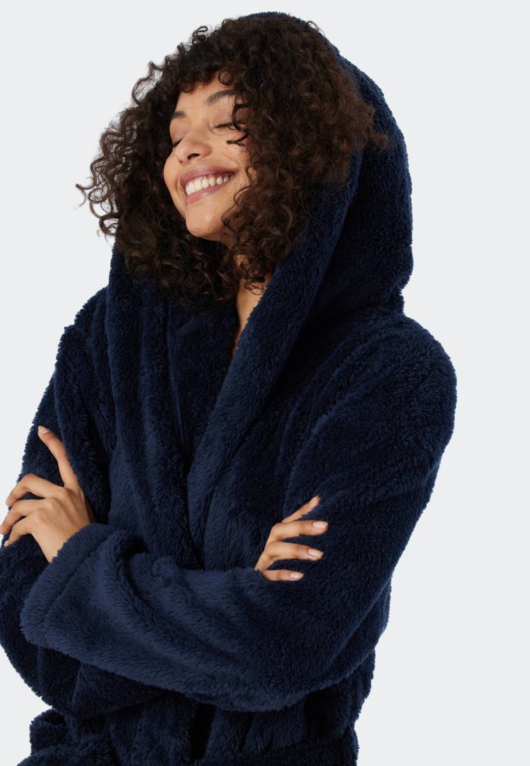 Schiesser Morgenmantel Teddy-Fleece Comfort-Fit dunkelblau - Essentials Preisnachlass