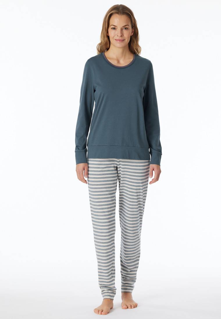 Schiesser Schlafanzug lang Bündchen Ringel jeansblau - Casual Essentials Vatertagsangebot