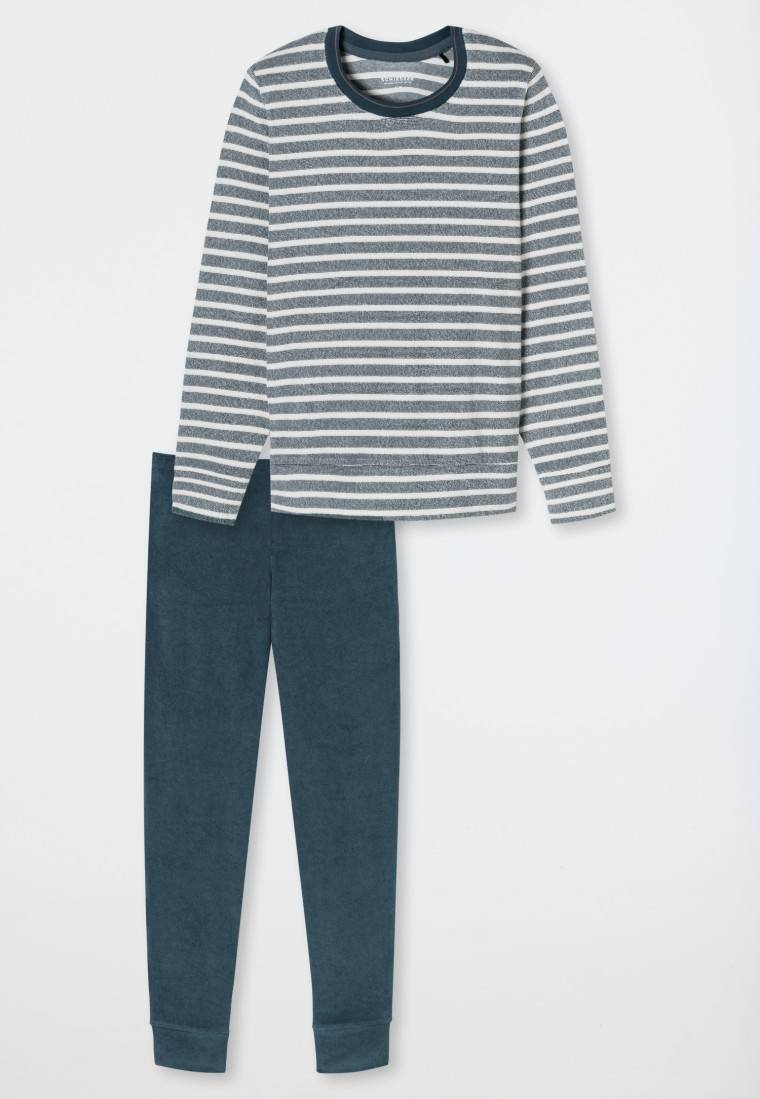 Schiesser Schlafanzug lang Frottee Bündchen Ringel jeansblau - Casual Essentials Lagerräumung
