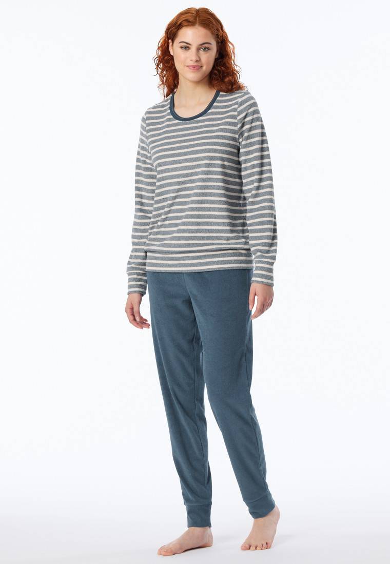 Schiesser Schlafanzug lang Frottee Bündchen Ringel jeansblau - Casual Essentials Lagerräumung