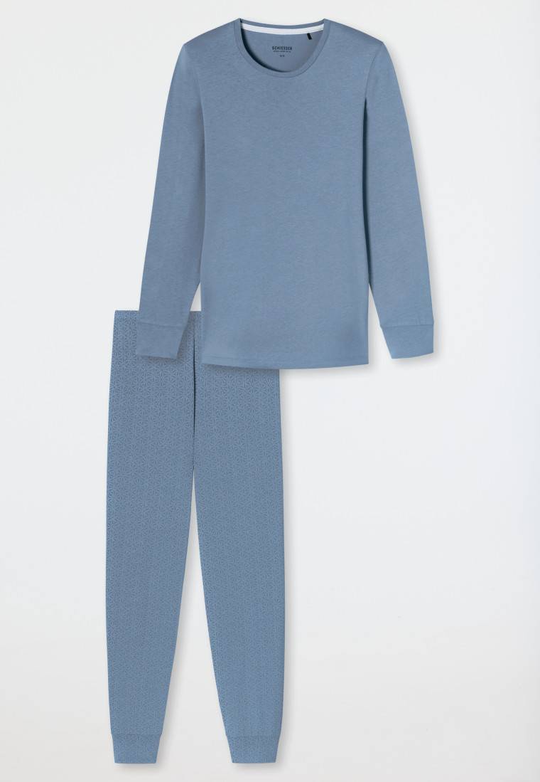 Schiesser Schlafanzug lang Bündchen blaugrau gemustert - Comfort Essentials Heißer Verkauf