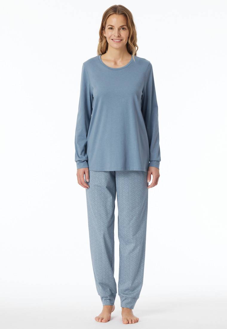 Schiesser Schlafanzug lang Bündchen blaugrau gemustert - Comfort Essentials Heißer Verkauf