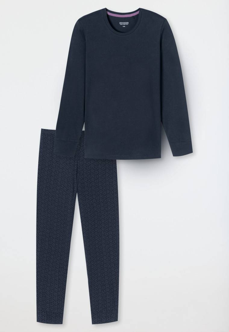 Schiesser Schlafanzug lang Bündchen nachtblau gemustert - Comfort Essentials Exklusive Angebote