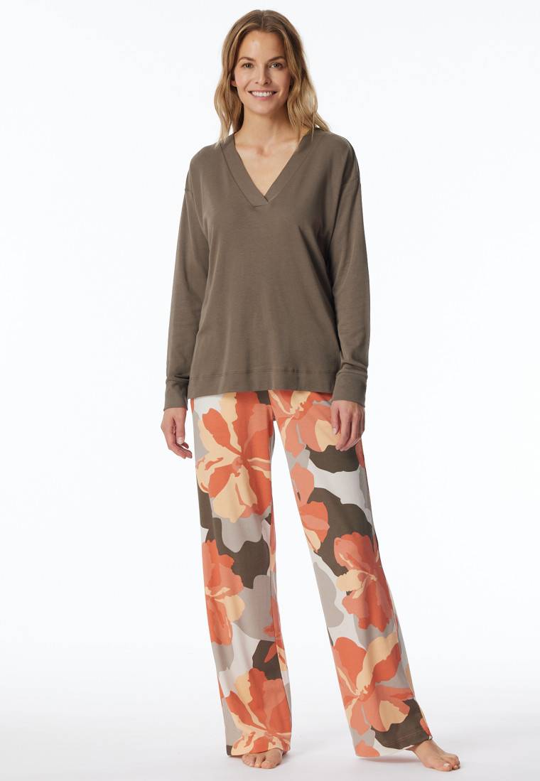 Schiesser Schlafanzug lang Interlock taupe bedruckt - Modern Nightwear Blitzangebot