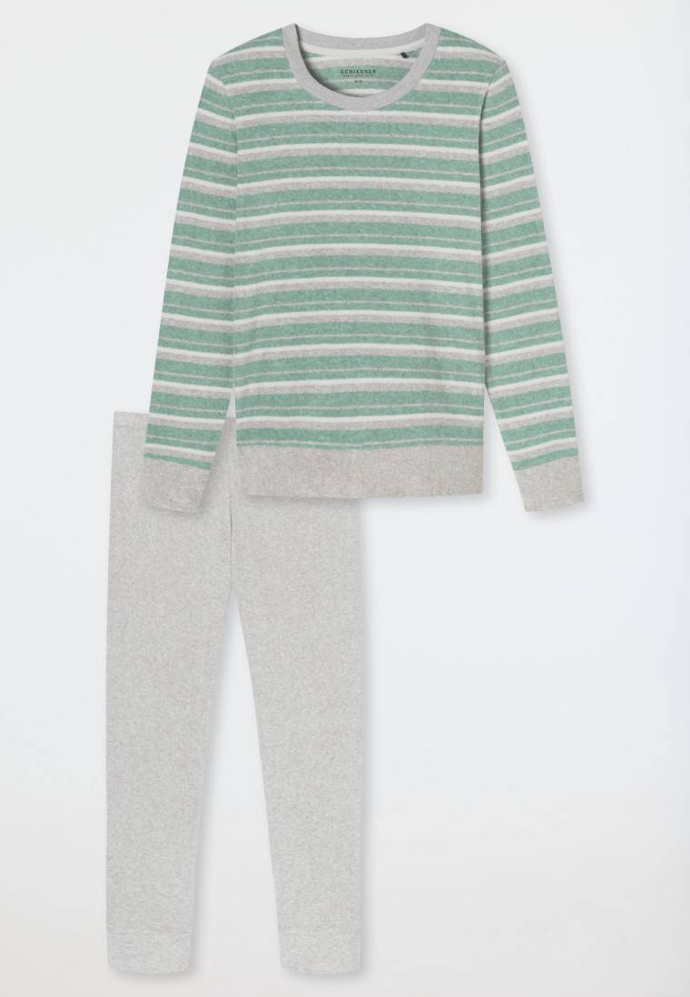 Schiesser Schlafanzug lang Frottee Bündchen Ringel grün-meliert - Casual Essentials Große Rabatte