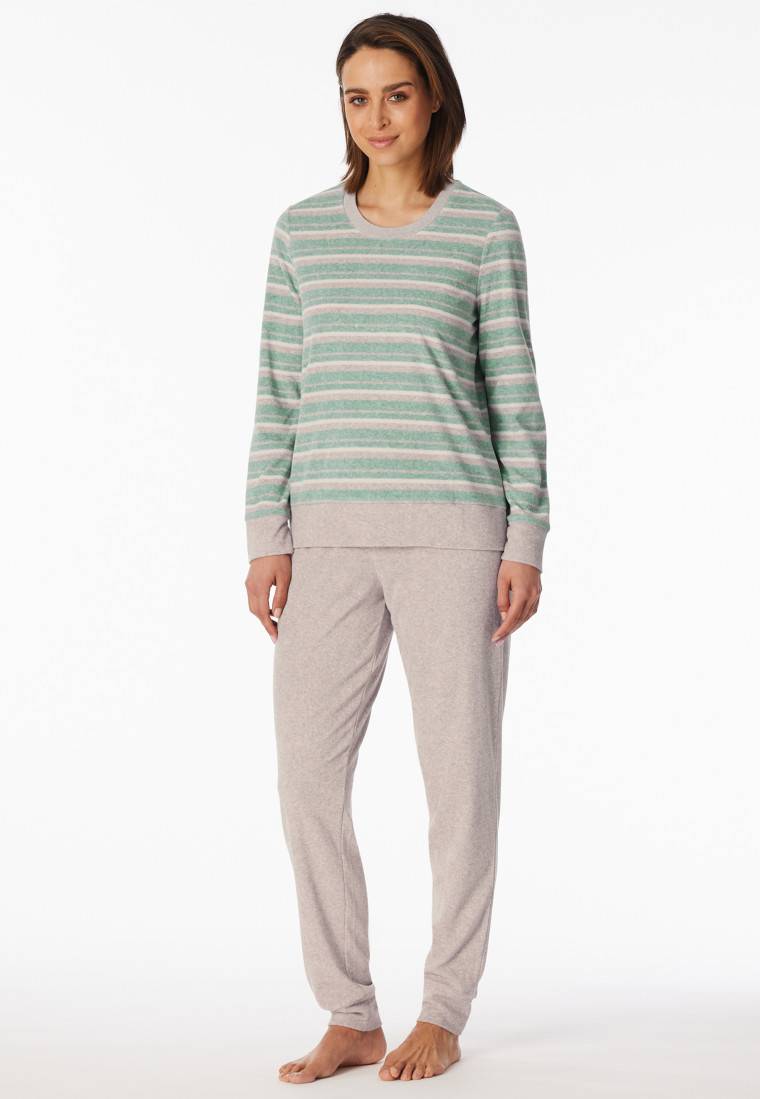 Schiesser Schlafanzug lang Frottee Bündchen Ringel grün-meliert - Casual Essentials Große Rabatte
